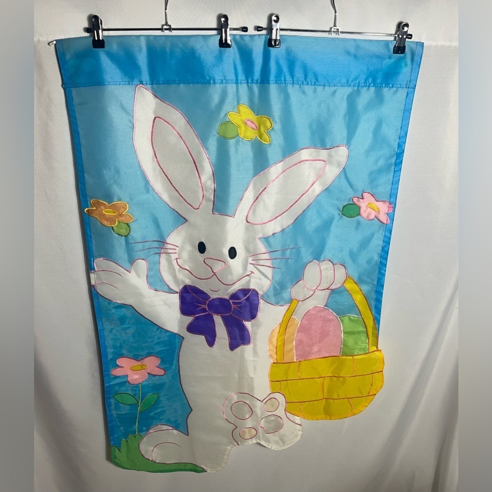 Easter Bunny Garden Flag Spring Decor with Basket & Eggs 28x19